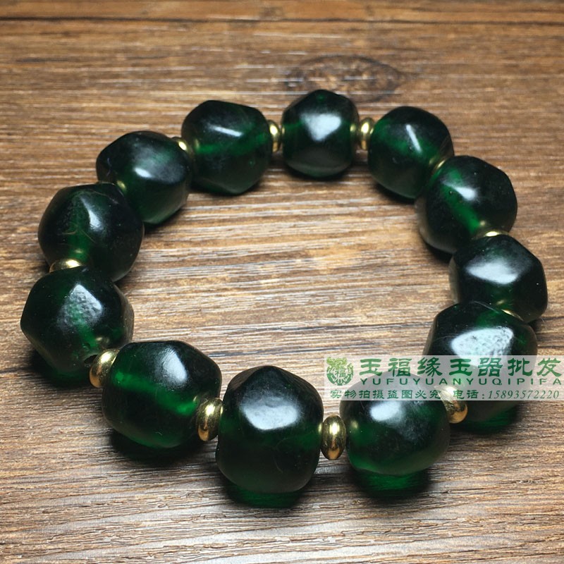 尼泊尔手工老琉璃唐八棱珠通透多棱老琉璃鸡碧绿珠子文玩配珠手串