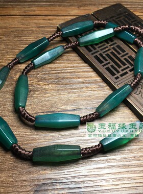 古玩玉石老珠子包浆辽金绿老玛瑙橘皮纹多面六棱型项链珠串收藏