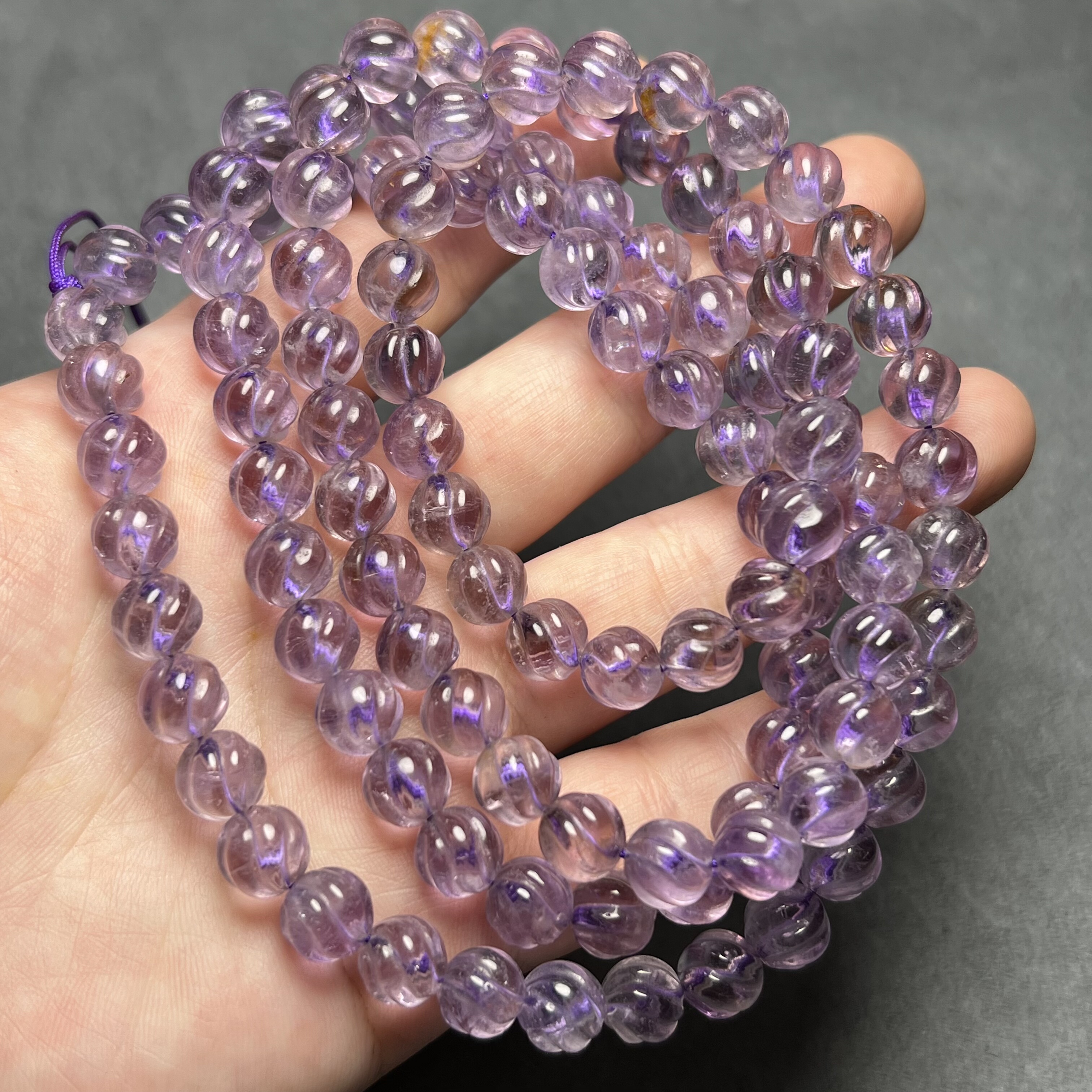尼泊尔喜马拉雅老紫水晶佛珠项链老紫水晶扭纹s瓜珠108颗链珠水晶