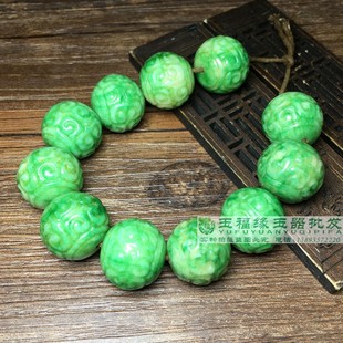 古玩仿古翡翠珠子手链圆珠干青铁龙生雕花回纹如意祖母绿手链配饰
