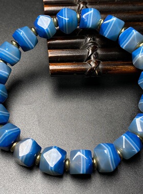 复古天然蓝沁缠丝玛瑙糖八棱方形桶珠时来运转缠丝玛瑙手链手串