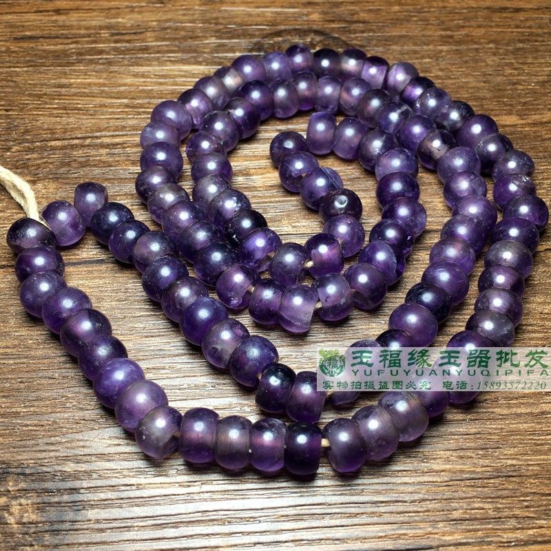 古玩明清手工大孔天然老紫水晶珠算盘珠古珠念珠项链108颗手串珠