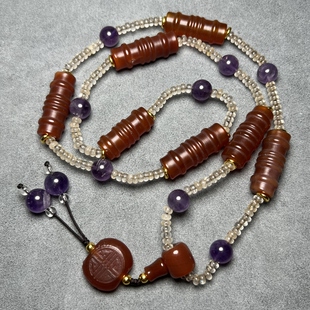 天然柿子红西周老红玛瑙管珠搭配尼泊尔老白水晶多宝珠子项链配珠