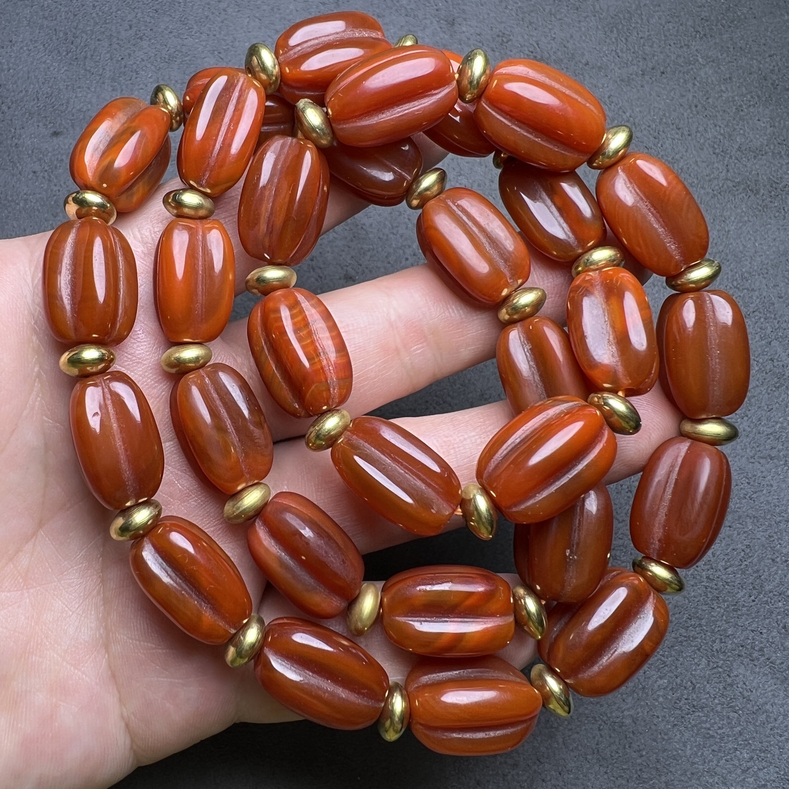 天然玛瑙手串甘南玛瑙柿子红玛瑙长瓜珠型红玛瑙手钏项链古玩收藏