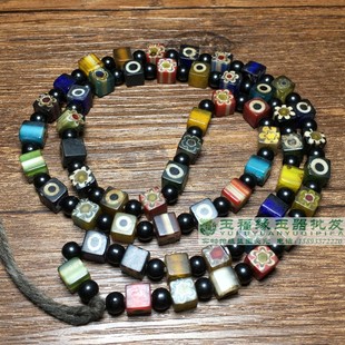 尼泊尔老琉璃手工古法方形切面散珠混色串 彩花心形DIY饰品配件