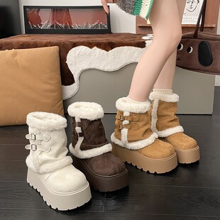 品牌撤柜雪地靴女2026冬季新款白色厚底增高加绒保暖毛毛短筒靴女
