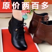 真皮妈妈靴新款 圆头马丁女靴秋冬加绒保暖短靴粗跟厚底单靴41大码