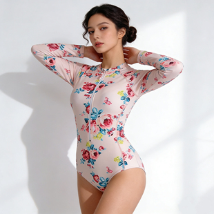 显瘦冲浪唯美收腰 防晒连体长袖 DDD原单高端新款 玫瑰印花泳衣