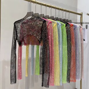 闪光钻石网纱外穿长袖上衣Party Sparkly Mesh Sun Shirt Women
