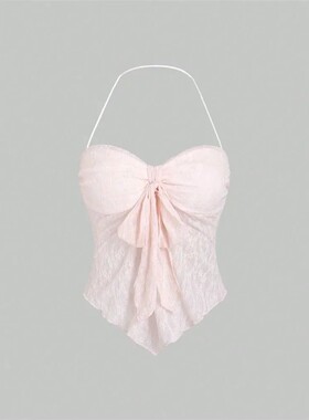 蕾丝蝴蝶结挂脖不规则无袖上衣 Irregular Halter Lace Bow Top