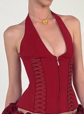 挂脖深V绑带收腰显瘦背心上衣Waist Tie Halter Neck Crop Top