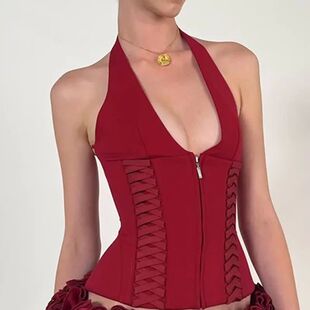 Neck 挂脖深V绑带收腰显瘦背心上衣Waist Tie Halter Top Crop