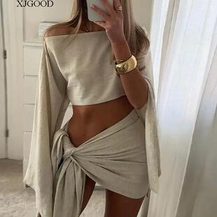 一字领露肩上衣裹裙套装 Line neck off-the-shoulder skirt suit