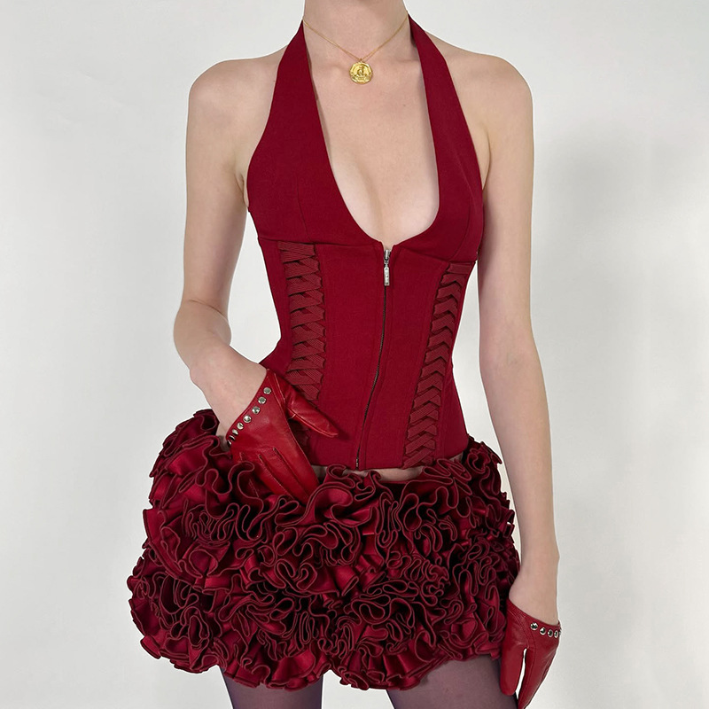 深V领性感短款绑带挂脖背心