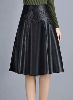 Fashion PU leather large pleated skirt时尚PU皮大摆百褶半身裙