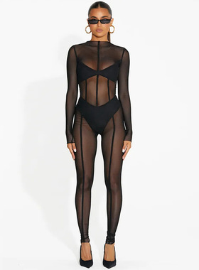 纯色性感网纱透视修身连体衣Mesh see-through slimming jumpsuit