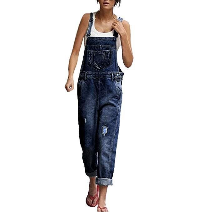 Ripped shoulder denim overalls春秋季破洞双肩牛仔布连体背带裤