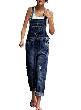 Ripped shoulder denim overalls春秋季破洞双肩牛仔布连体背带裤