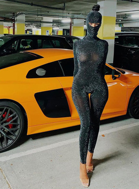 Long sleeve sexy backless jumpsuit女士长袖高领性感露背连体裤