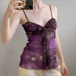 sling Printed 印花褶皱绑带V领小吊带 neck pleated strapping