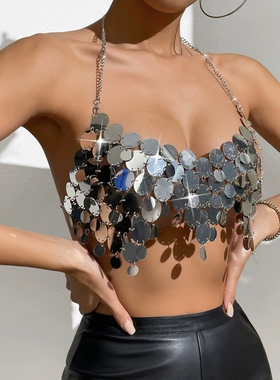 欧美亮片露背链条性感夜店背心女Sequin chain backless cami top