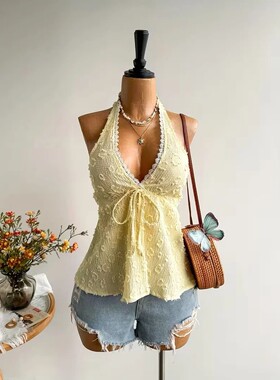 V 领露背挂脖提花辣妹背心上衣Y2K V-neck Jacquard Halter Top