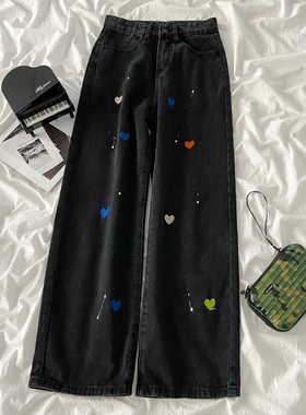 High-rise, straight-leg ink-splashed jeans高腰直筒泼墨牛仔裤