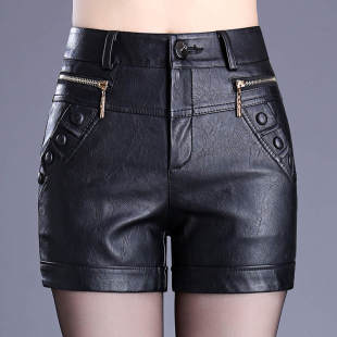 high 酒红色pu皮高腰口袋短裤 leather shorts waisted casual