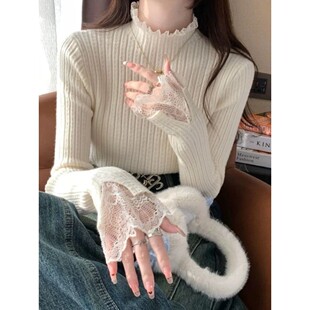 蕾丝花边半高领修身打底针织衫Elegant Lace Trim Knit Pullover