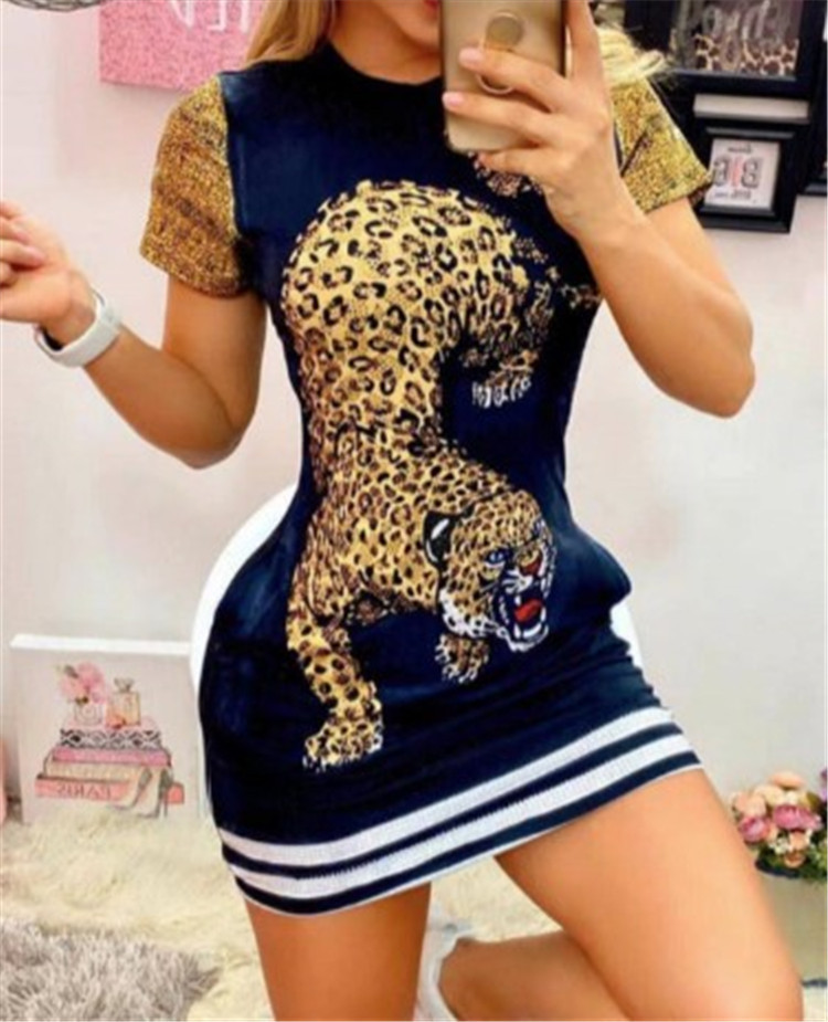 Leopard print short-sleeved hip skirt 豹子印花短袖修身包臀裙