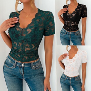 蕾丝 V 领纯色修身女士短袖上衣Summer Solid V Neck Lace Blouse