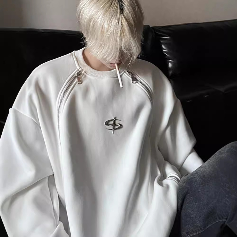 双拉链设计款卫衣无帽男秋季发型师潮牌痞帅炸街长袖T恤小众上衣