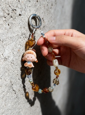 VUUYOO无忧哒娃 咖啡小猫原创手机链手机挂绳钥匙包挂饰DIY手工