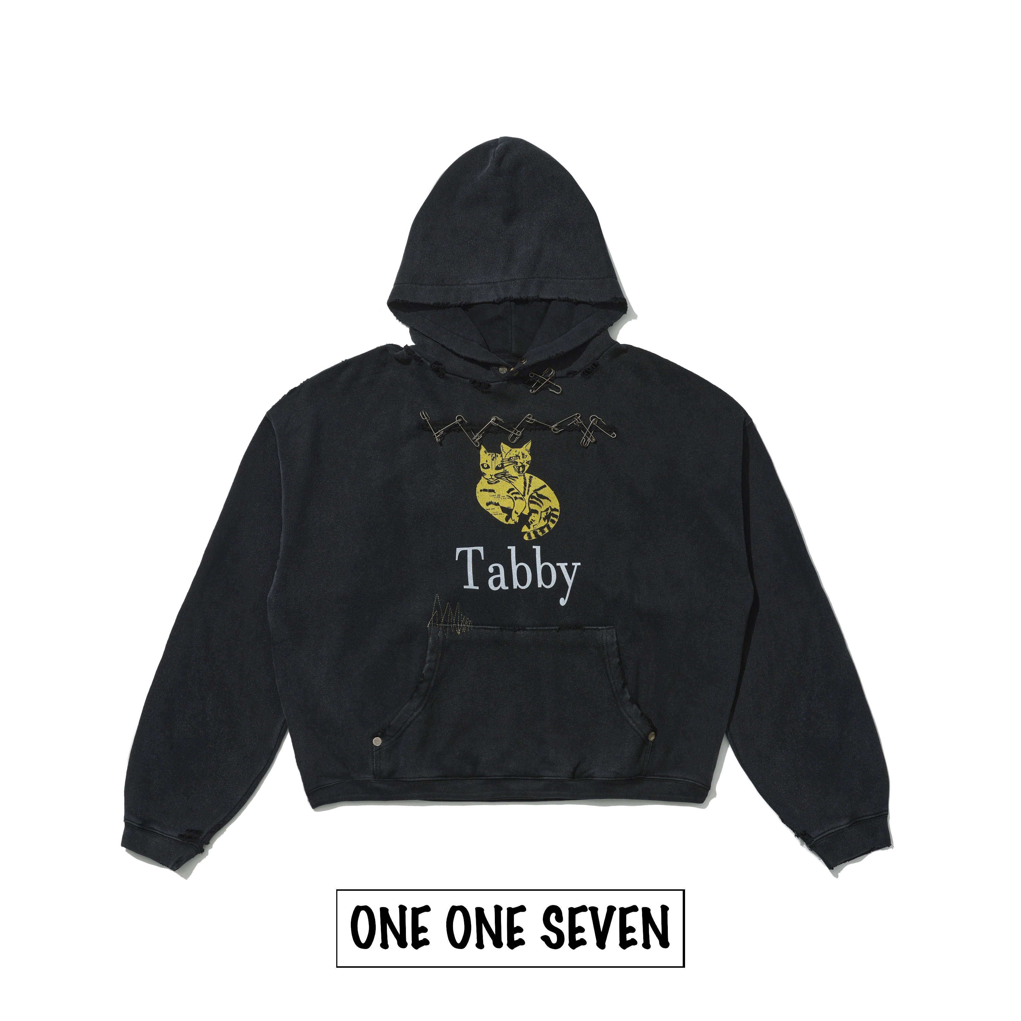 ONE ONE SEVEN 恶搞双头小猫Tabby 手工回形扣水洗破洞卫衣