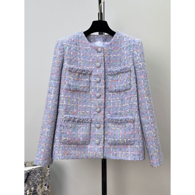 风紫色粗花呢外套女彩色织带编织4口袋气质优雅粗纺开衫上衣