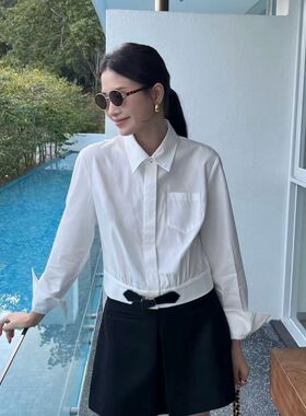 新款皮扣装饰白色翻领小短款衬衫时髦百搭气质知性干练