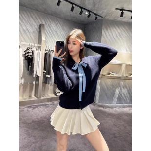 25秋冬甜美学院风翻领修身系带蝴蝶结撞色针织毛衣开衫外套