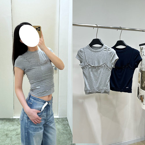 无名女装2026春夏深圳两色假两件吊带花边圆领短袖T恤法式纯欲风
