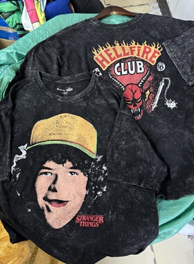 美国单 StrngerThig奇怪物语Dustin地狱火俱乐部水洗做旧复古短袖