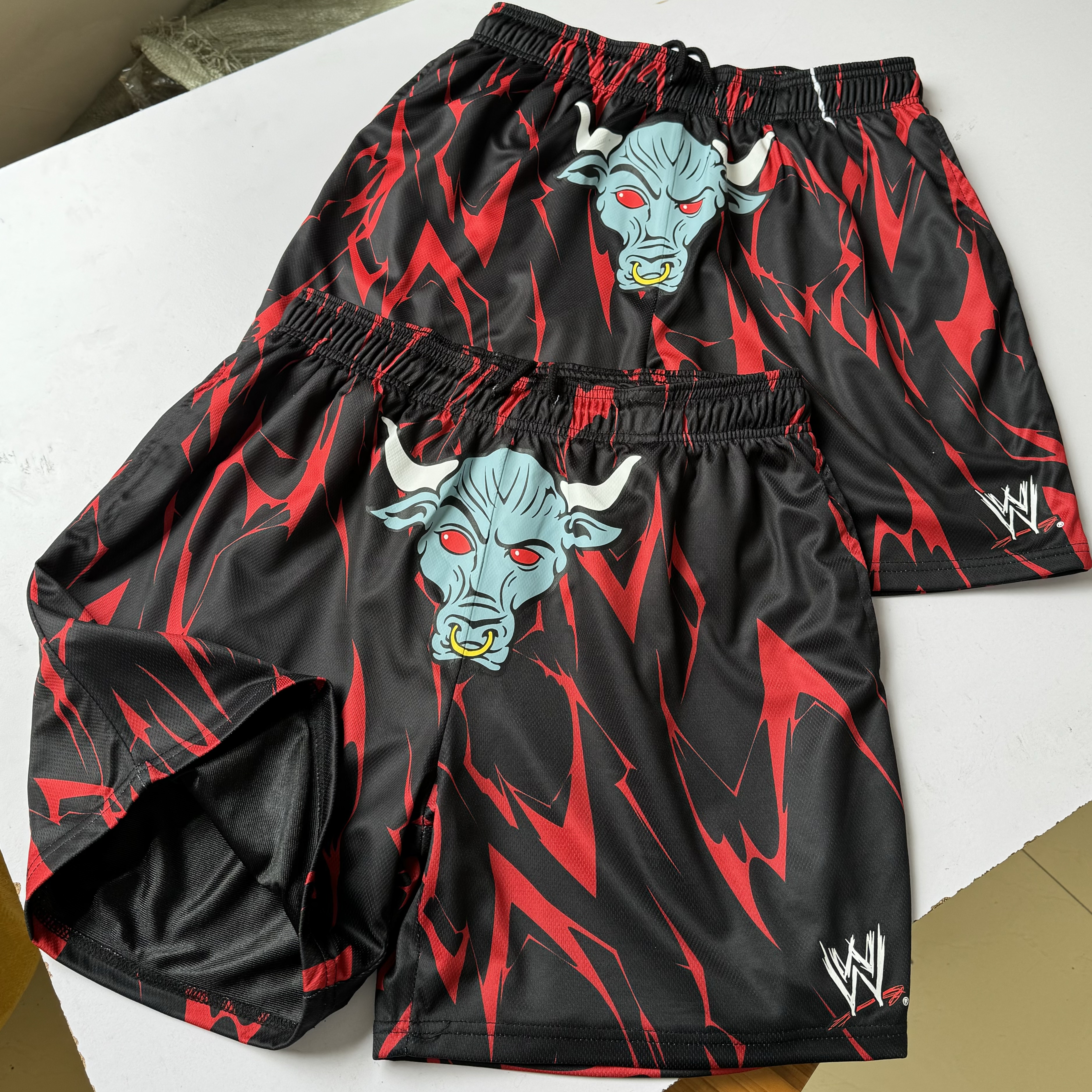 美版 WWE梵天公牛 巨石强森速干网眼短裤 拳击运动复古男搏击双层