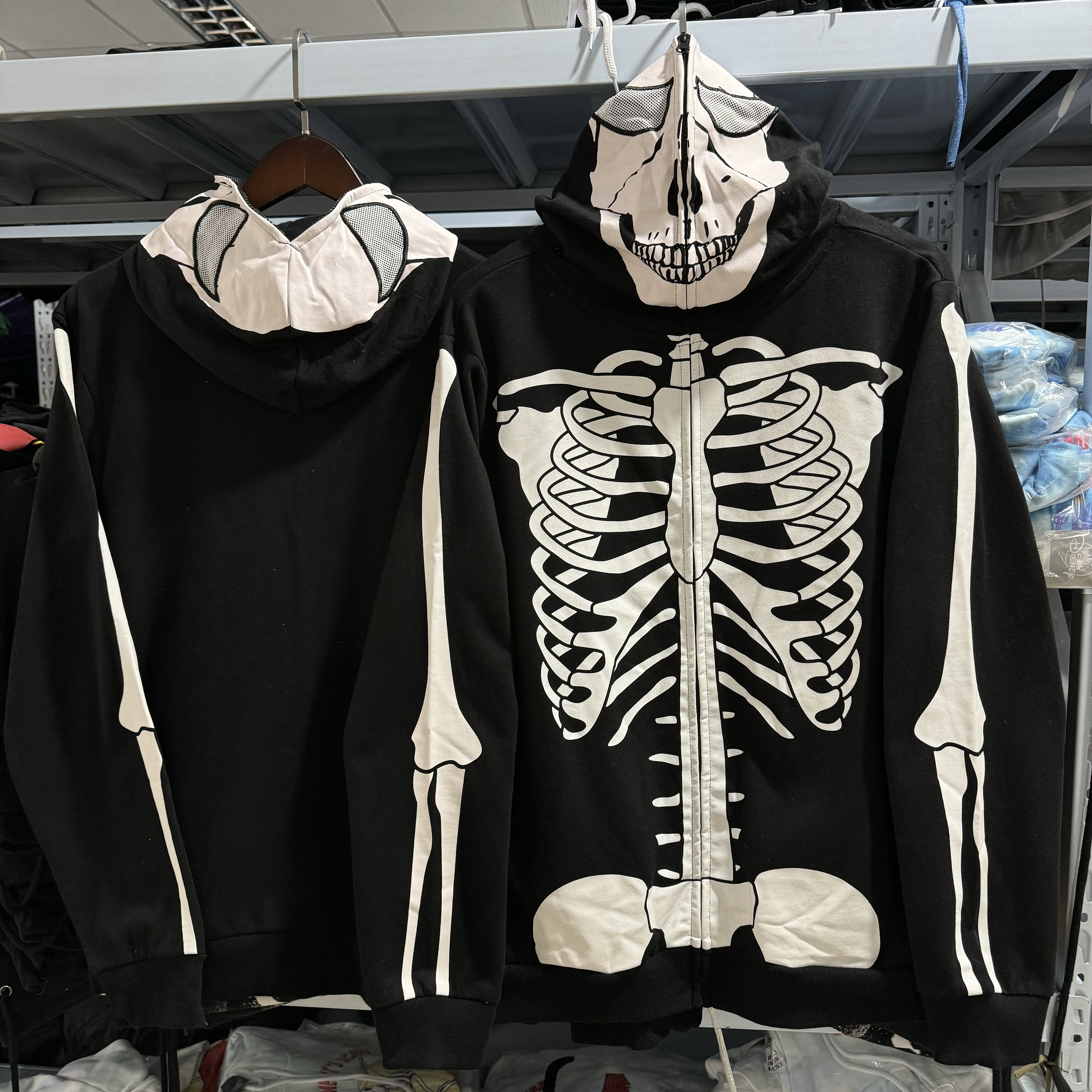 出口单 亚文化朋克骷髅骨骼卫衣 暗黑万圣节宽松男女连帽拉链外套