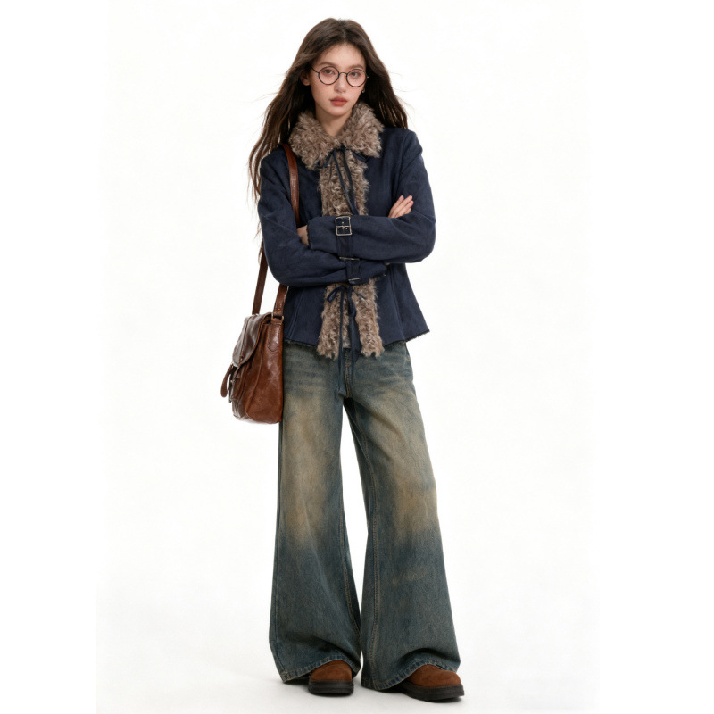 蓝色复古麂皮绒外套女2025秋冬季