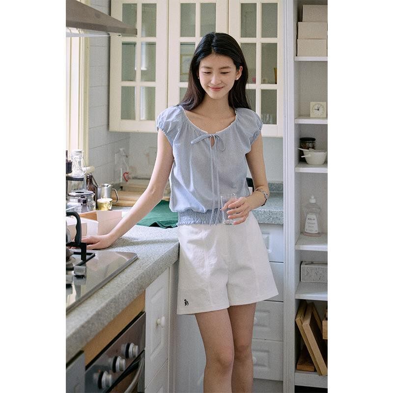 Jicouture“夏花”色织棉花边小衫女夏季法式短款抽绳衬衫T恤上衣 - 实物图