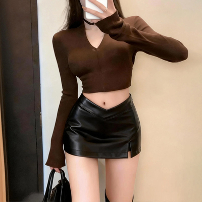 黑色不规则PU皮紧身半身裙女