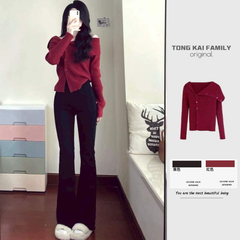 HONMEI YEAR FASHIONABLE FOREIGN RED UPPER SWEATER FEMALE DESIGN SEXY IRREGULAR ONE-SHOULDER KNITTED UNDERSHIRT AUTUMN AND WINTER