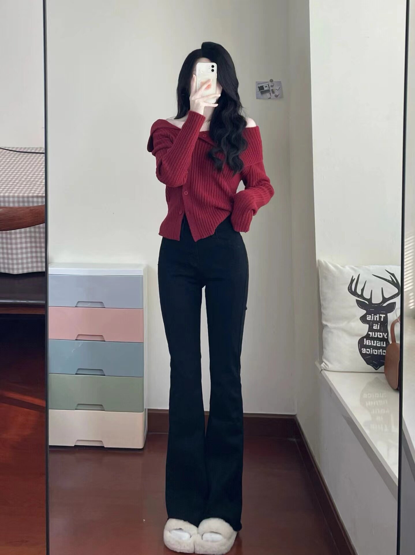 HONMEI YEAR FASHIONABLE FOREIGN RED UPPER SWEATER FEMALE DESIGN SEXY IRREGULAR ONE-SHOULDER KNITTED UNDERSHIRT AUTUMN AND WINTER