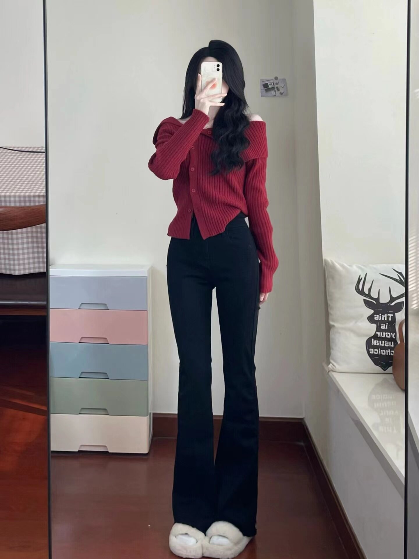 HONMEI YEAR FASHIONABLE FOREIGN RED UPPER SWEATER FEMALE DESIGN SEXY IRREGULAR ONE-SHOULDER KNITTED UNDERSHIRT AUTUMN AND WINTER