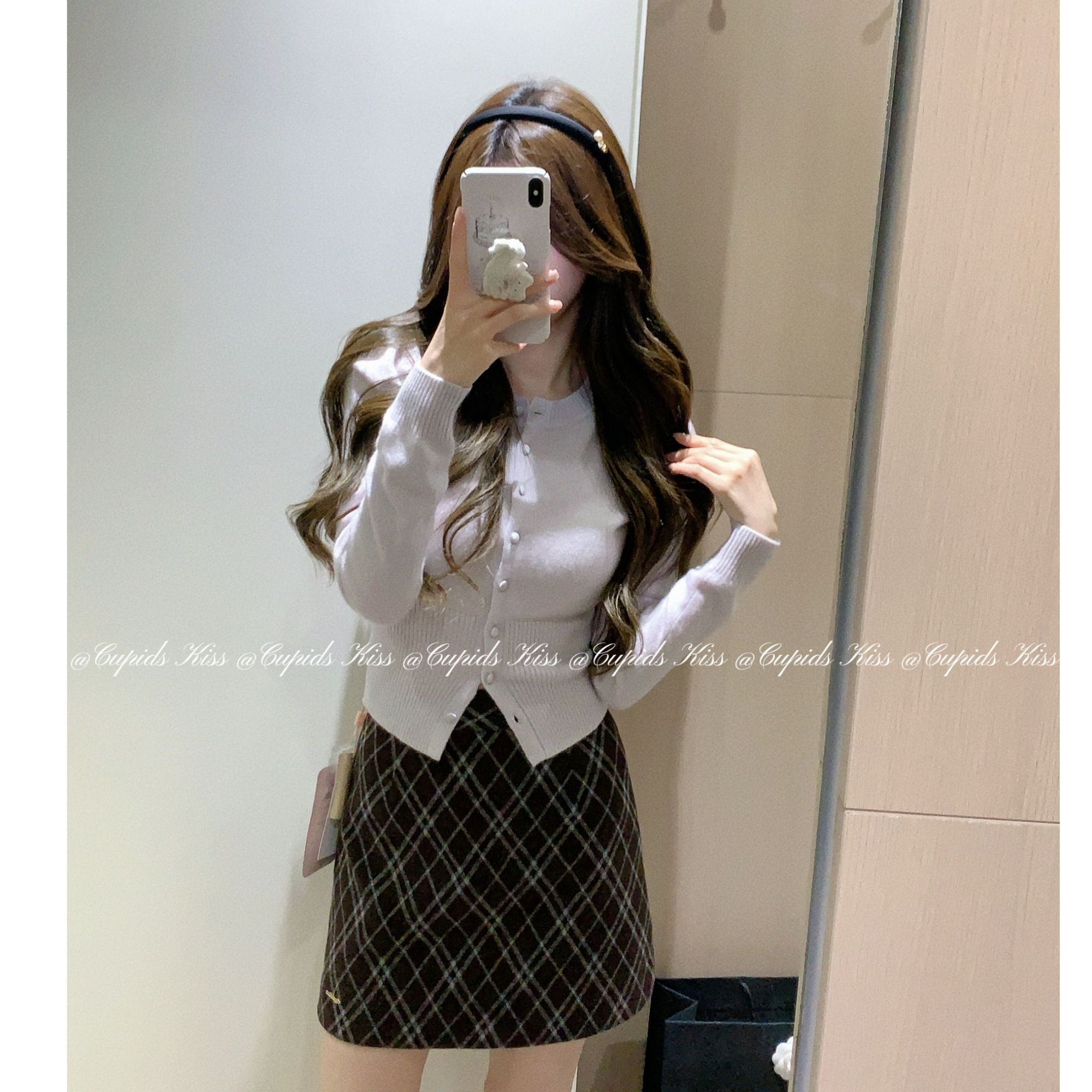 csk丘比特  复古格纹组 灰紫两色女秋季高腰毛呢短裙半身裙