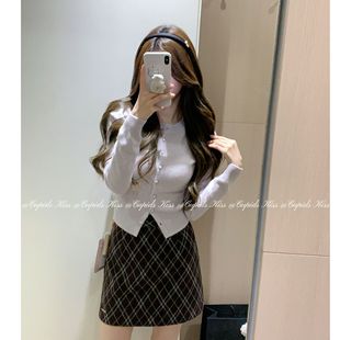 csk丘比特  复古格纹组 灰紫两色女秋季高腰毛呢短裙半身裙
