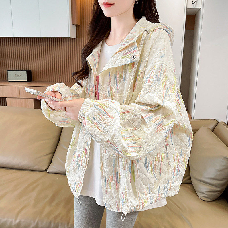 港风彩色条纹连帽外套女春秋季学院风宽松高级感好看百搭夹克上衣